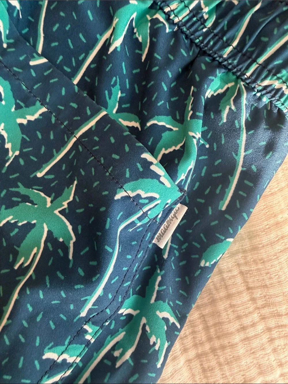 Kids Blue Palm-Print Swim Trunks with Drawstring
